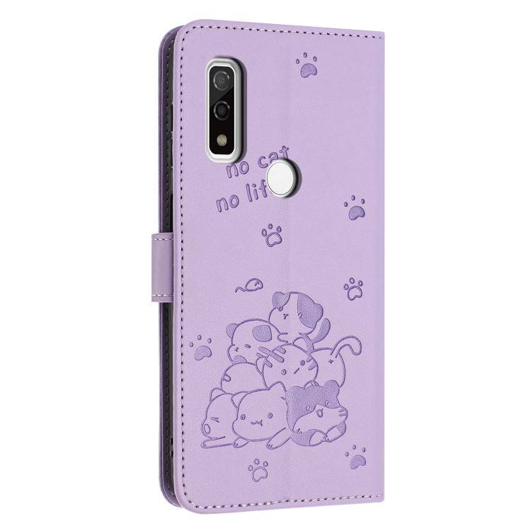 Funda de Cuero para Teléfono Fujitsu Arrows We F-51B con Cordón y Diseño de Gatito (Morado)