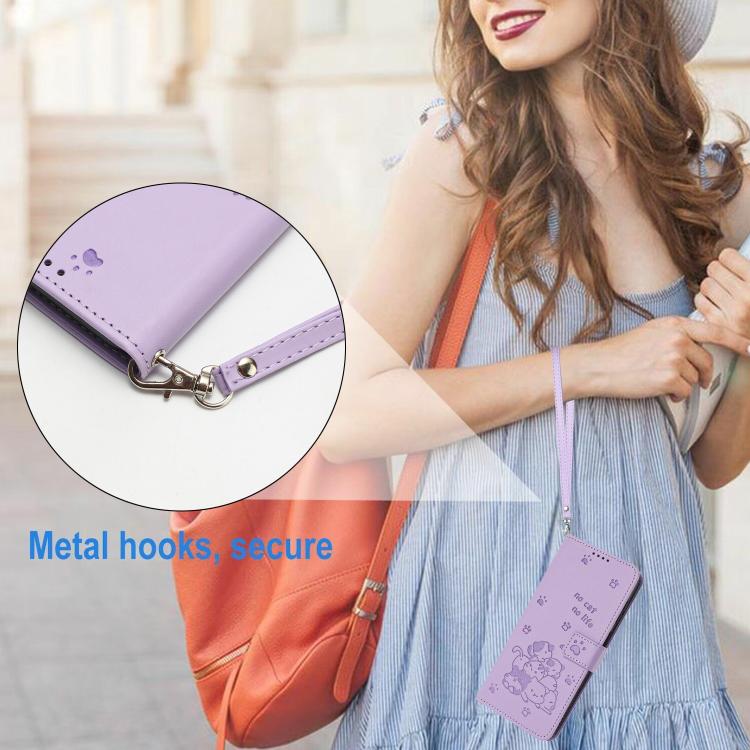 Funda de Cuero para Teléfono Fujitsu Arrows We F-51B con Cordón y Diseño de Gatito (Morado)