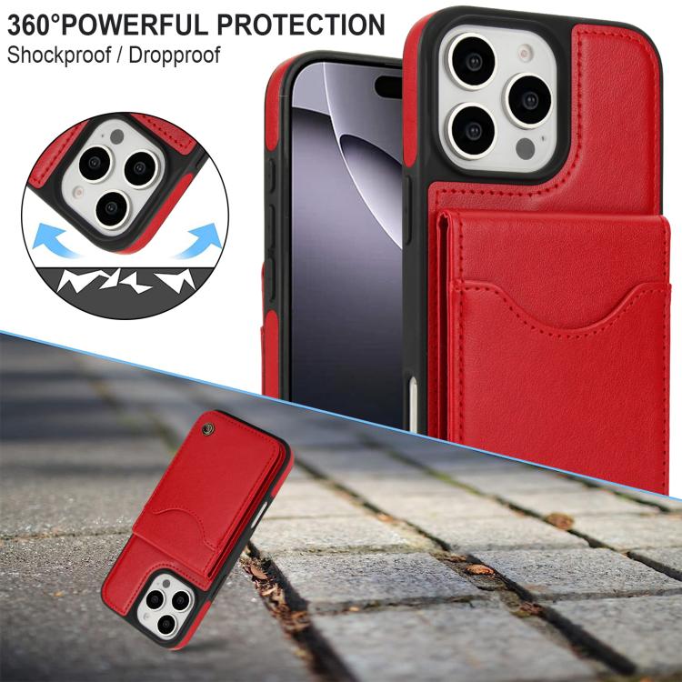 Funda de Cuero Awquer para iPhone 16 Pro Max con Tapa Vertical para Tarjetas y Soporte (Rojo)