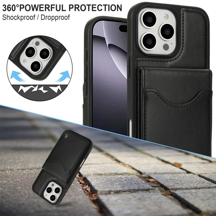 Funda para iPhone 16 Pro Awquer Cuero con Tapa Vertical para Tarjetas y Soporte (Negro)