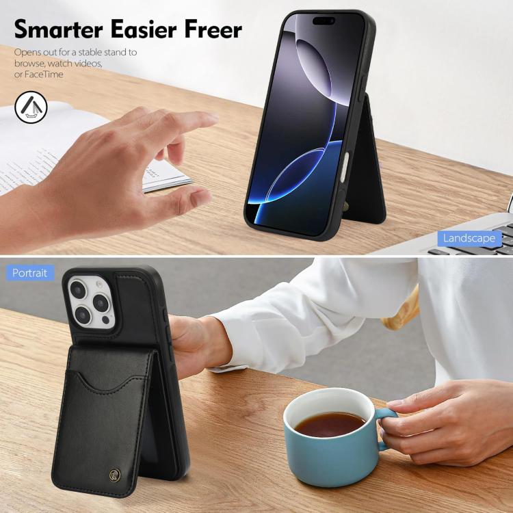 Funda para iPhone 16 Pro Awquer Cuero con Tapa Vertical para Tarjetas y Soporte (Negro)