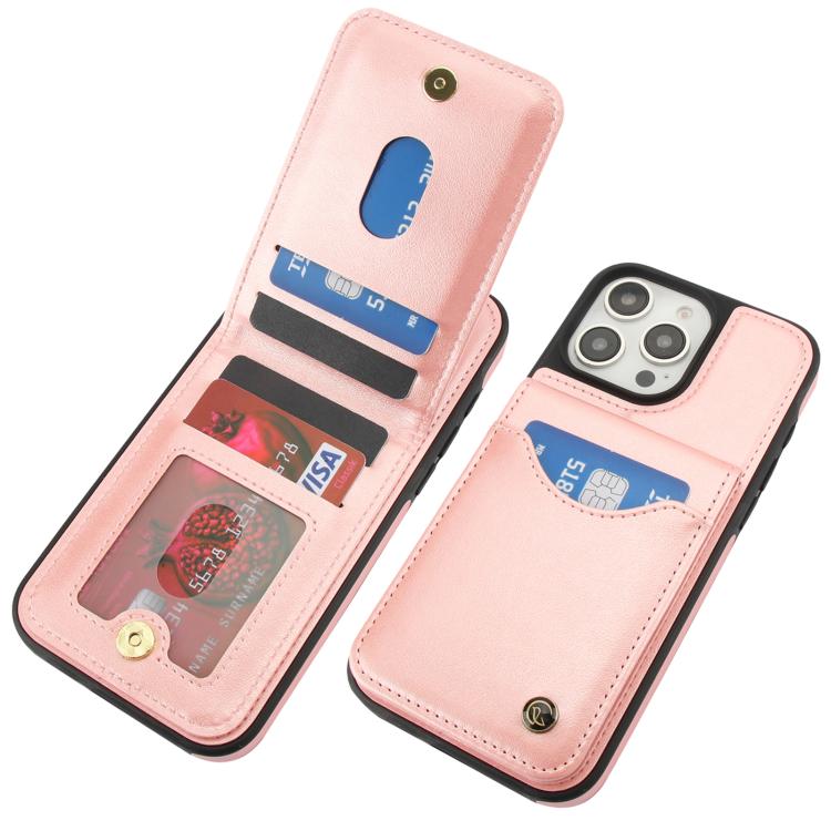 Funda de Cuero con Tapa Vertical para iPhone 16 Pro Awquer con Tarjetero (Oro Rosa)