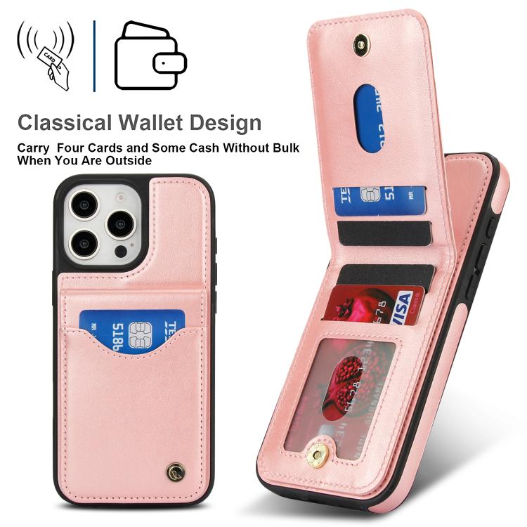 Funda de Cuero con Tapa Vertical para iPhone 16 Pro Awquer con Tarjetero (Oro Rosa)