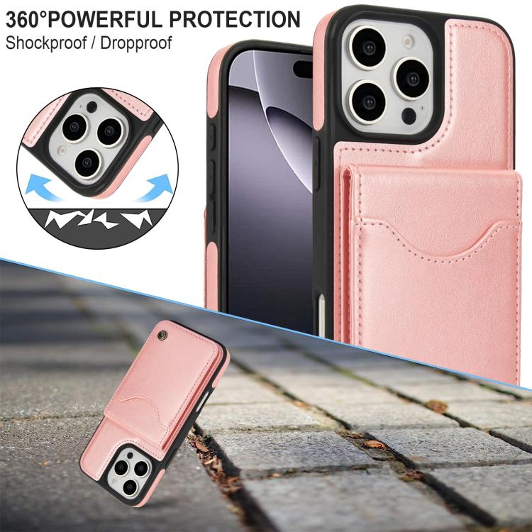 Funda de Cuero con Tapa Vertical para iPhone 16 Pro Awquer con Tarjetero (Oro Rosa)