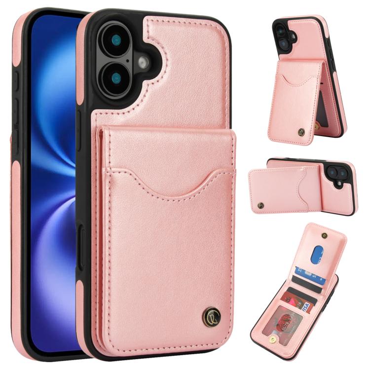 Funda de Cuero con Tapa Vertical Awquer para iPhone 16 con Tarjetero (Oro Rosa)