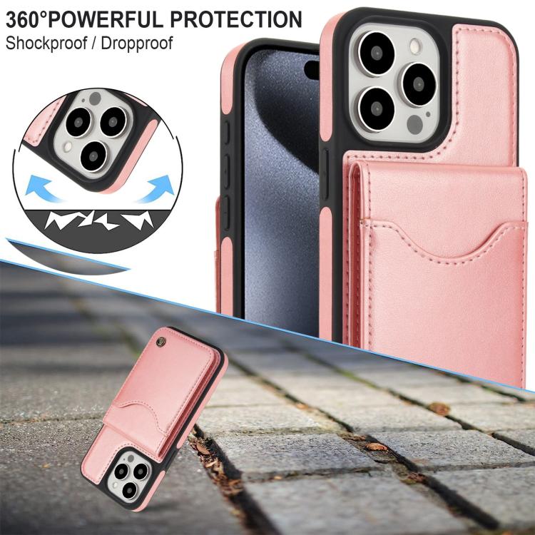 Funda para iPhone 15 Pro Max Awquer Cuero con Tapa Vertical para Tarjetas y Soporte (Oro Rosa)