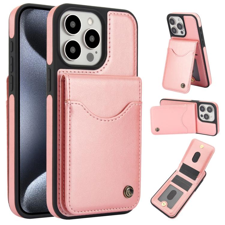 Funda de Cuero con Tapa Vertical Awquer para iPhone 15 Pro con Tarjetero (Oro Rosa)
