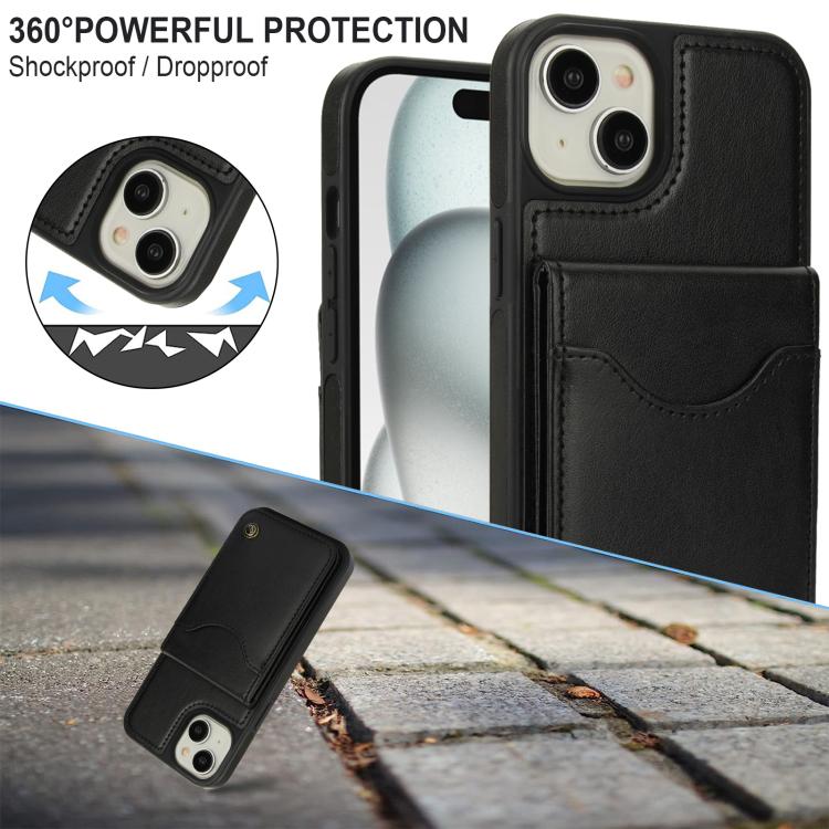 Funda para iPhone 15 Plus Awquer Cuero con Tapa Vertical Tarjetas y Soporte (Negro)