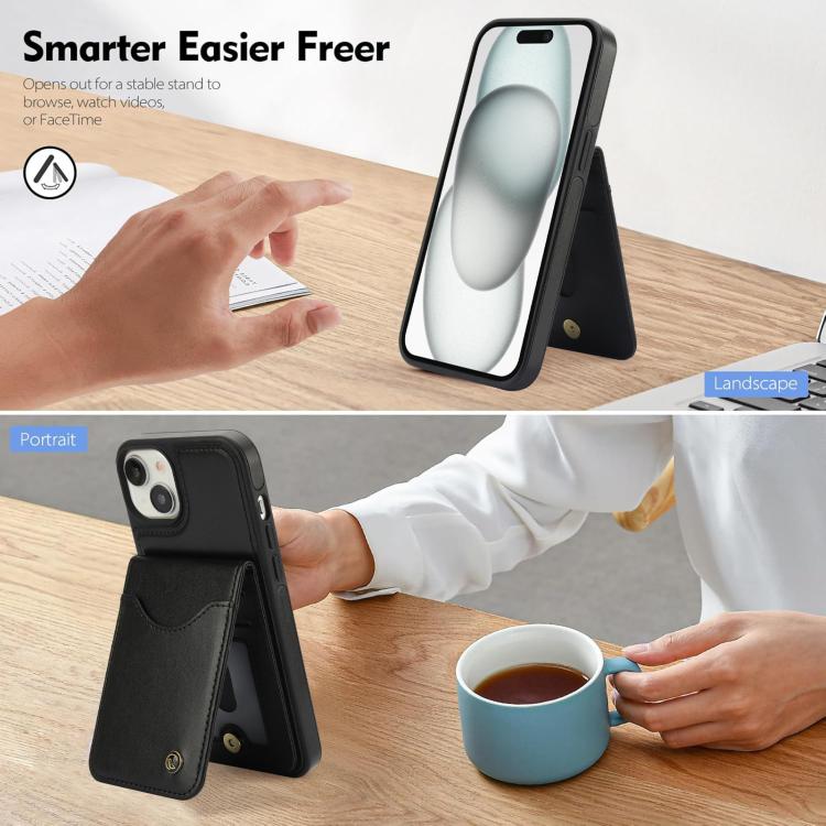 Funda para iPhone 15 Plus Awquer Cuero con Tapa Vertical Tarjetas y Soporte (Negro)