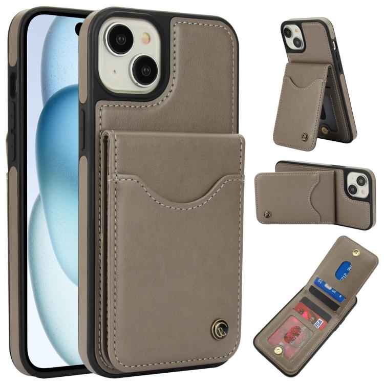Funda para iPhone 15 Plus Awquer Cuero Tapa Vertical Tarjetas Soporte (Gris)