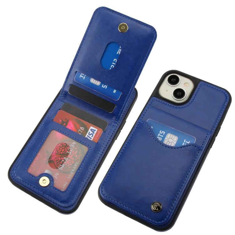 Funda de Cuero Awquer para iPhone 15 Plus con Tapa Vertical para Tarjetas y Soporte (Azul)
