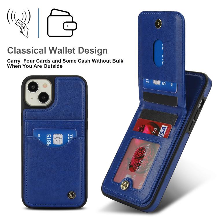 Funda de Cuero Awquer para iPhone 15 Plus con Tapa Vertical para Tarjetas y Soporte (Azul)