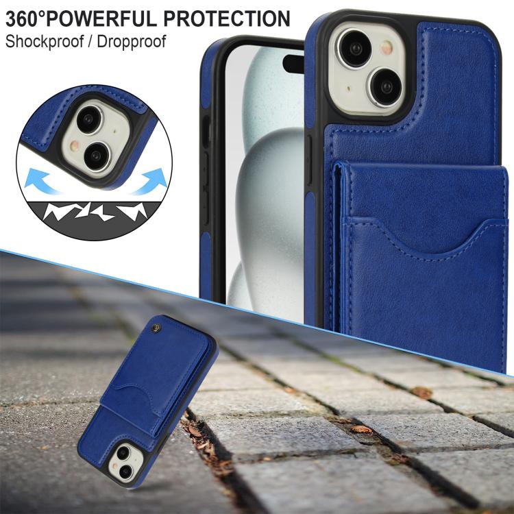 Funda de Cuero Awquer para iPhone 15 Plus con Tapa Vertical para Tarjetas y Soporte (Azul)