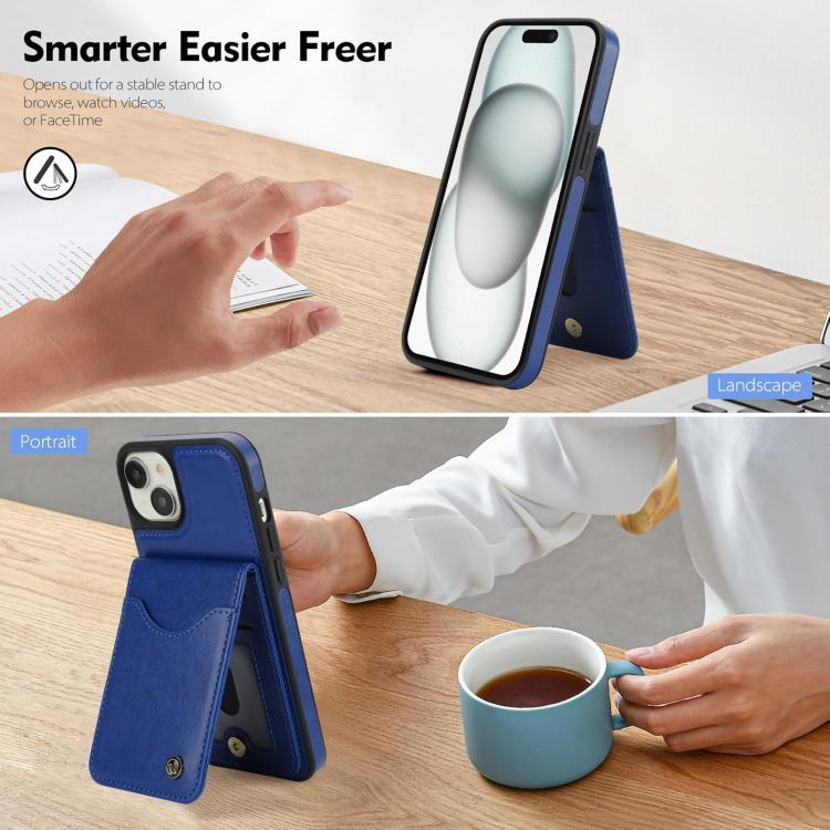 Funda de Cuero Awquer para iPhone 15 Plus con Tapa Vertical para Tarjetas y Soporte (Azul)