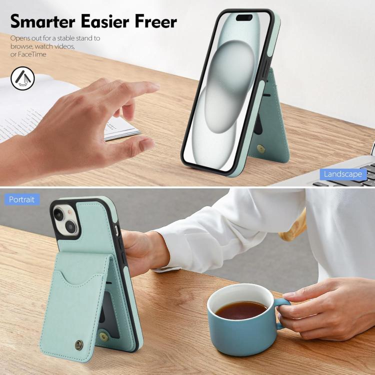 Funda de Cuero Awquer para iPhone 15 Plus con Tapa Vertical, Tarjetas y Soporte (Verde)