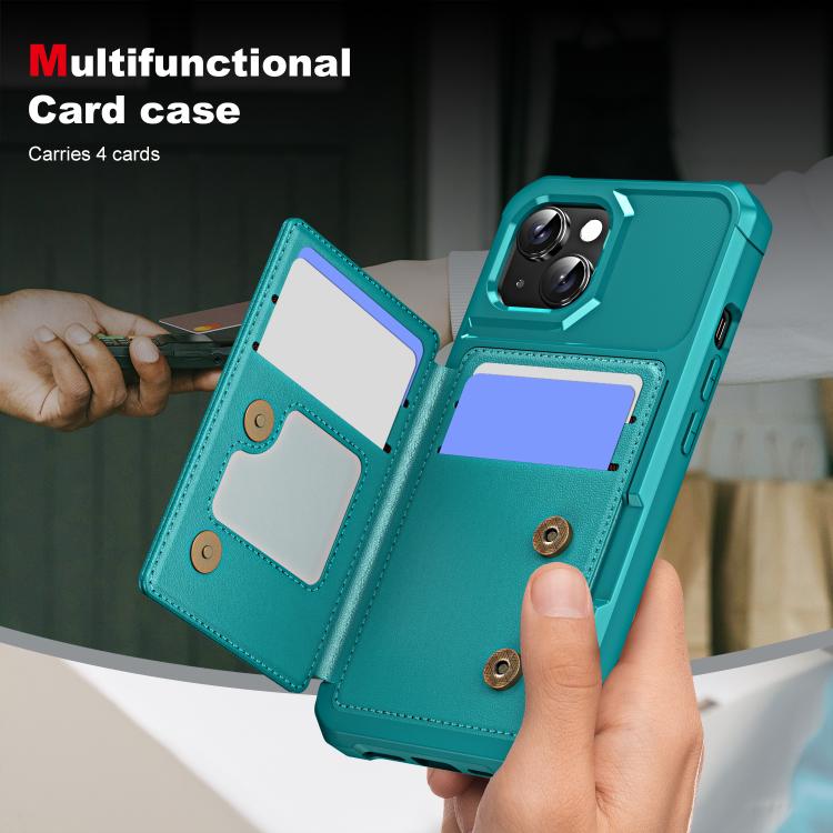 Funda para Teléfono de Cuero con Tapa Horizontal iPhone 14 Tarjetero (Verde Cian)