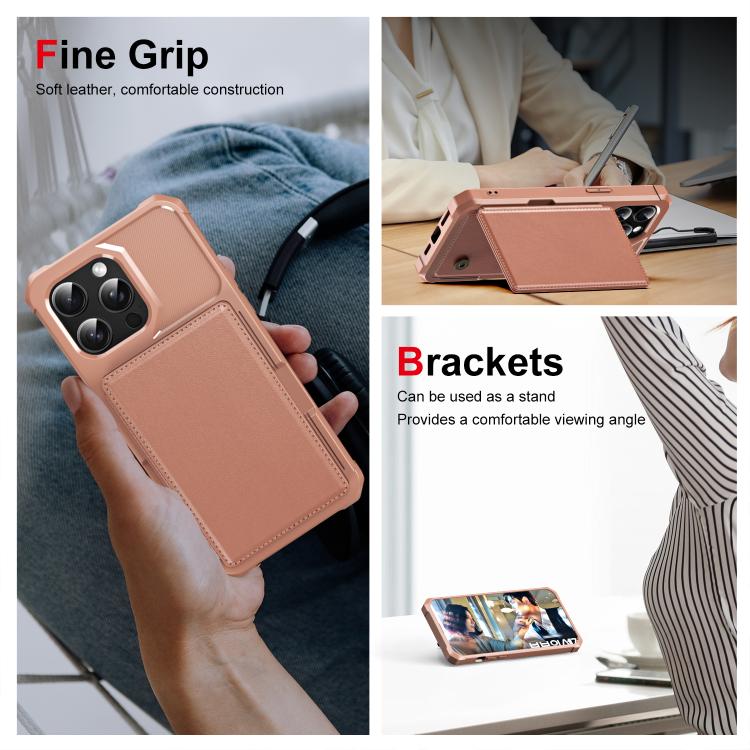 Funda de Cuero con Tapa Horizontal para iPhone 14 Pro con Tarjetero (Oro Rosa)