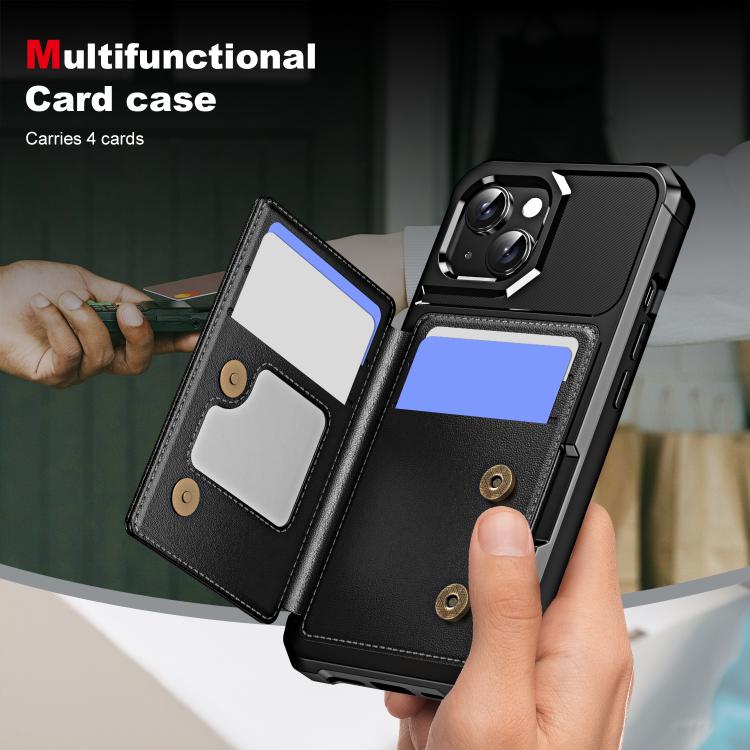 Funda de Cuero con Tapa Horizontal para iPhone 15 Plus con Tarjetero (Negro)