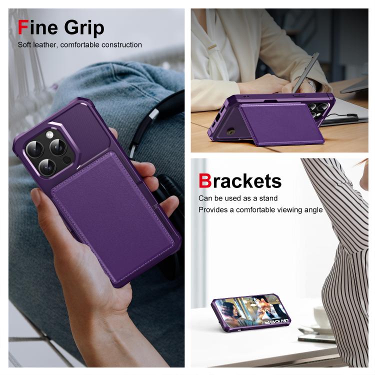 Funda de Cuero con Tapa Horizontal para iPhone 15 Pro Max Tarjetero (Morado)