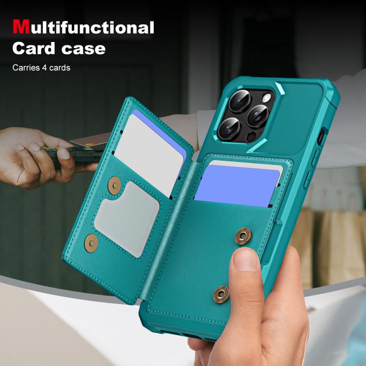 Funda de Cuero con Tapa Horizontal para iPhone 15 Pro Max Tarjetero (Verde Cian)
