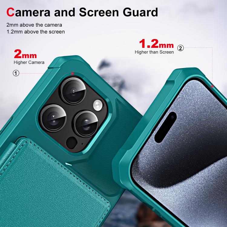 Funda de Cuero con Tapa Horizontal para iPhone 15 Pro Max Tarjetero (Verde Cian)
