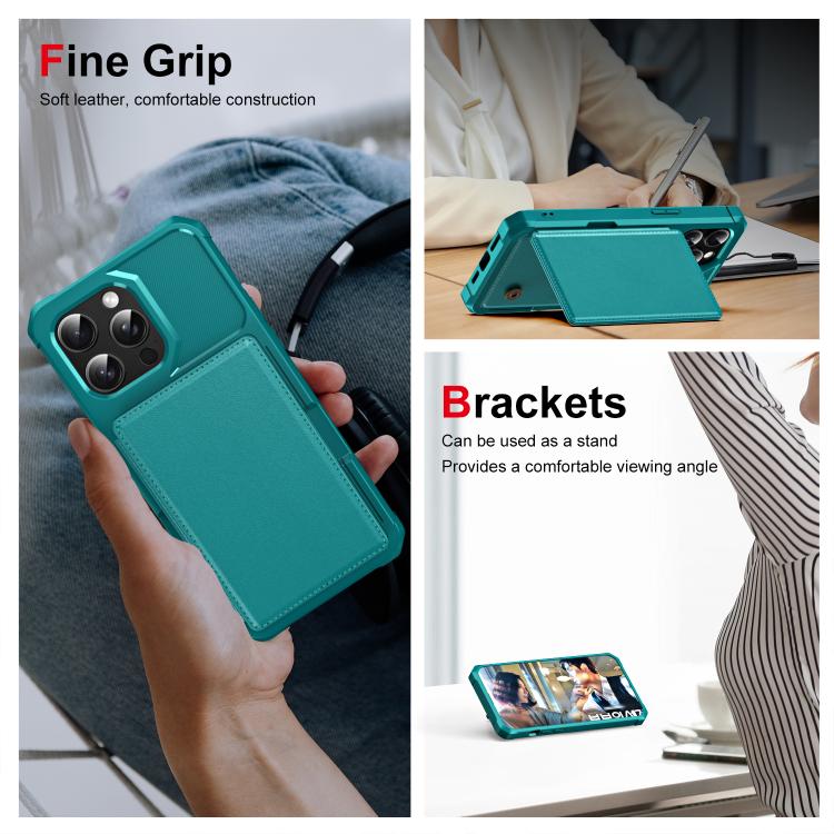 Funda de Cuero con Tapa Horizontal para iPhone 15 Pro Max Tarjetero (Verde Cian)