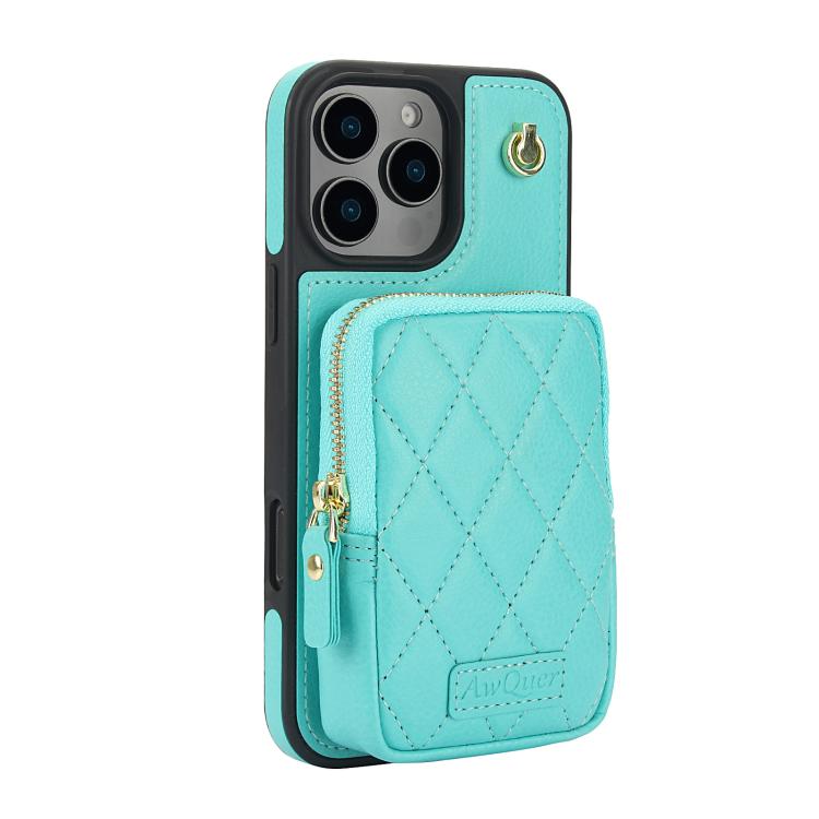 Funda para iPhone 16 Pro Awquer Cremallera y Bandolera Piel de Lichi (Verde Menta)