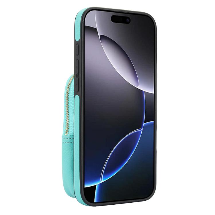 Funda para iPhone 16 Pro Awquer Cremallera y Bandolera Piel de Lichi (Verde Menta)