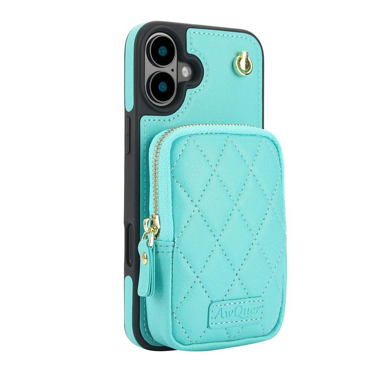 Funda para iPhone 16 Plus Awquer con Cremallera y Bandolera de Piel de Lichi (Verde Menta)