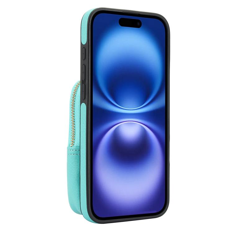 Funda para iPhone 16 Plus Awquer con Cremallera y Bandolera de Piel de Lichi (Verde Menta)