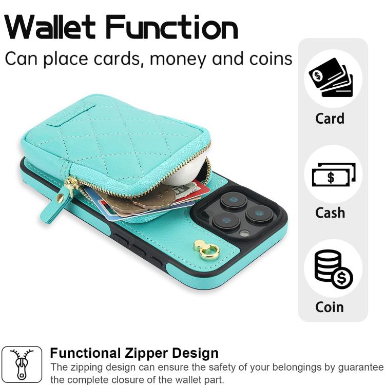 Funda para iPhone 16 Plus Awquer con Cremallera y Bandolera de Piel de Lichi (Verde Menta)