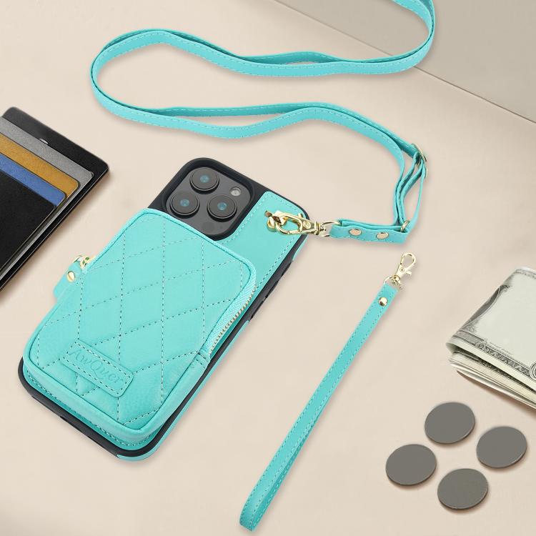 Funda para iPhone 16 Plus Awquer con Cremallera y Bandolera de Piel de Lichi (Verde Menta)
