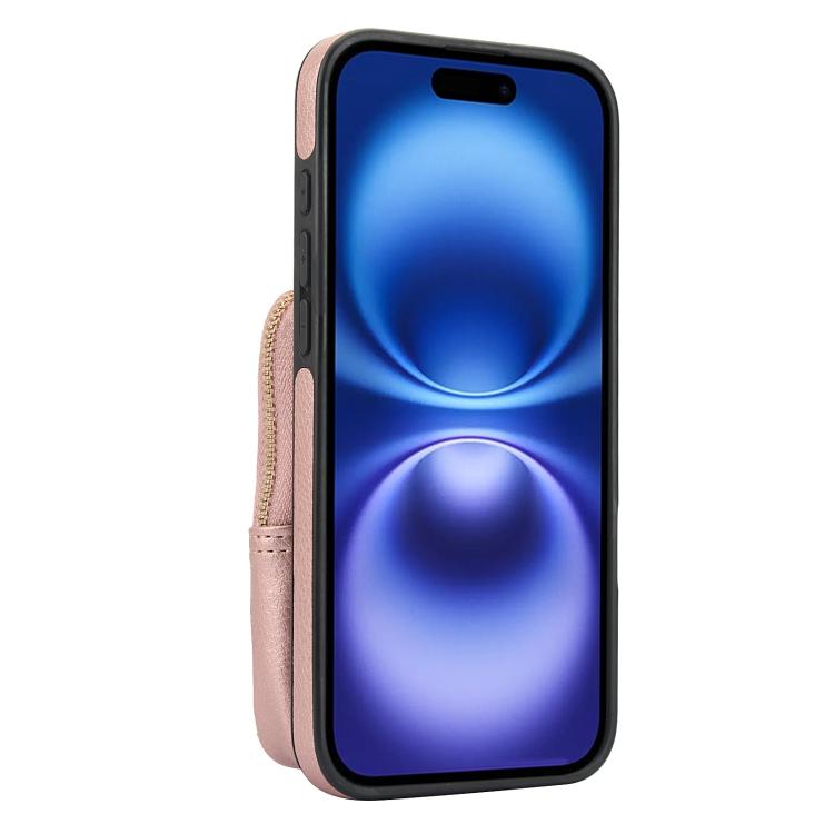 Funda para Teléfono Awquer iPhone 16 Plus Piel de Lichi Cremallera Cartera Cruzada (Oro Rosa)