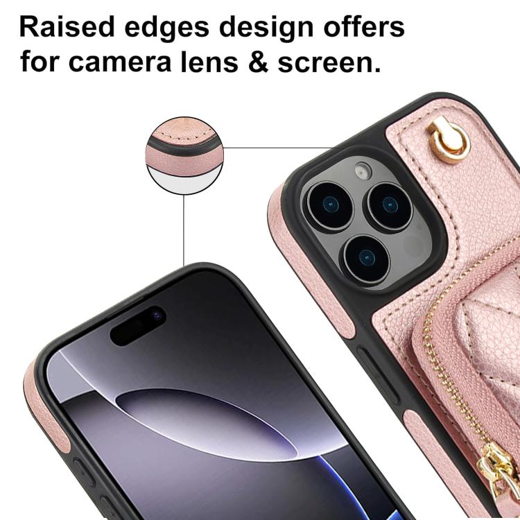 Funda para Teléfono Awquer iPhone 16 Plus Piel de Lichi Cremallera Cartera Cruzada (Oro Rosa)