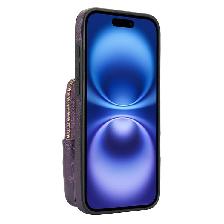 Funda para Teléfono Awquer iPhone 16 Plus Piel de Lichi Cremallera Cartera Cruzada (Morado Oscuro)