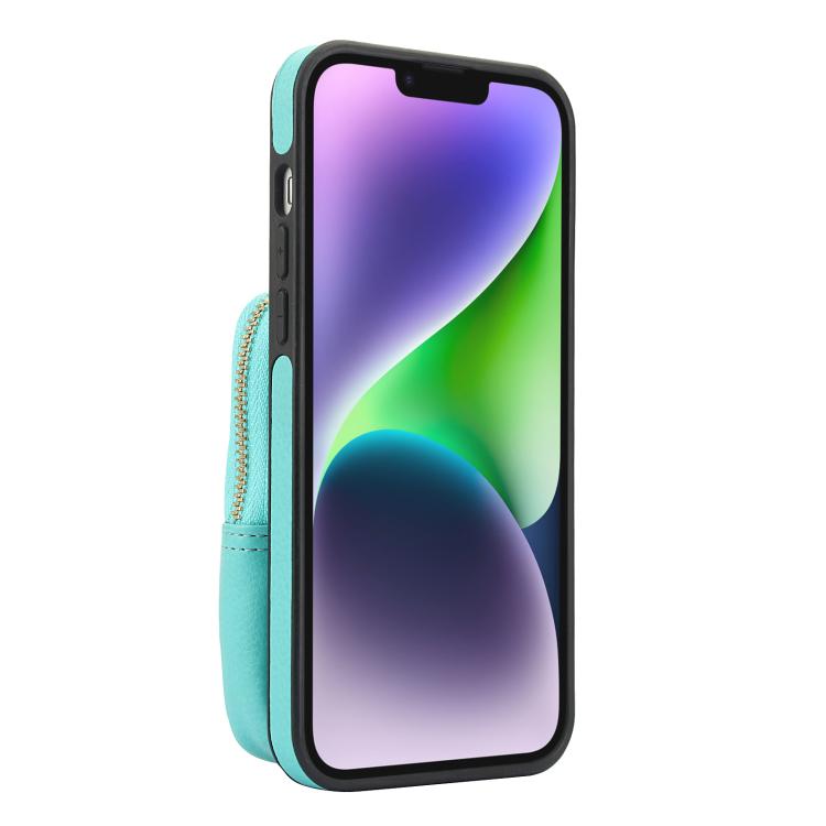 Funda para Teléfono Awquer iPhone 15 Plus Piel de Lichi Cremallera Cartera Cruzada (Verde Menta)