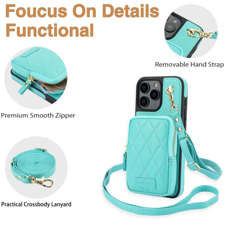 Funda para Teléfono Awquer iPhone 15 Plus Piel de Lichi Cremallera Cartera Cruzada (Verde Menta)