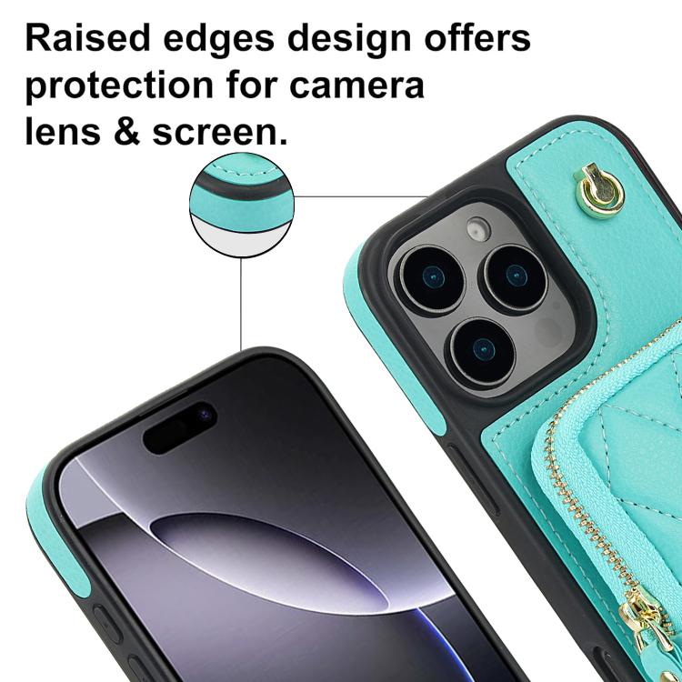 Funda para Teléfono Awquer iPhone 15 Plus Piel de Lichi Cremallera Cartera Cruzada (Verde Menta)