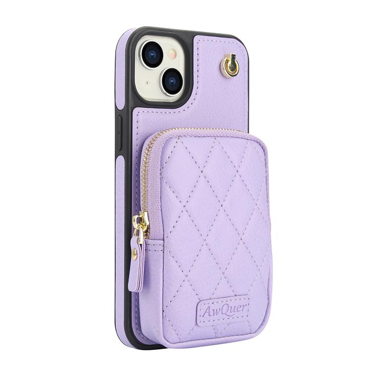 Funda para iPhone 15 Plus Awquer Crossbody Zipper Wallet Bag Litchi Leather Phone Case (Púrpura Claro)