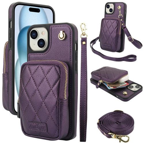Funda para Teléfono Awquer iPhone 15 Plus Piel de Lichi Cremallera Cartera Cruzada (Morado Oscuro)