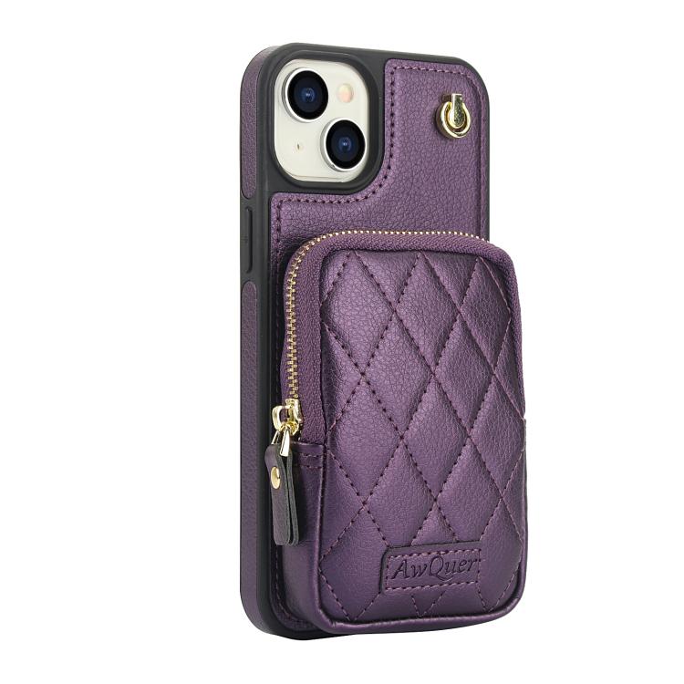 Funda para Teléfono Awquer iPhone 15 Plus Piel de Lichi Cremallera Cartera Cruzada (Morado Oscuro)