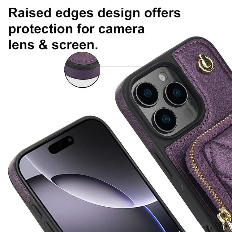 Funda para Teléfono Awquer iPhone 15 Plus Piel de Lichi Cremallera Cartera Cruzada (Morado Oscuro)