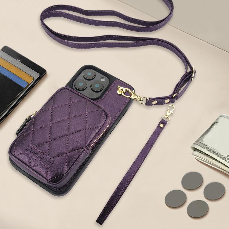 Funda para Teléfono Awquer iPhone 15 Plus Piel de Lichi Cremallera Cartera Cruzada (Morado Oscuro)