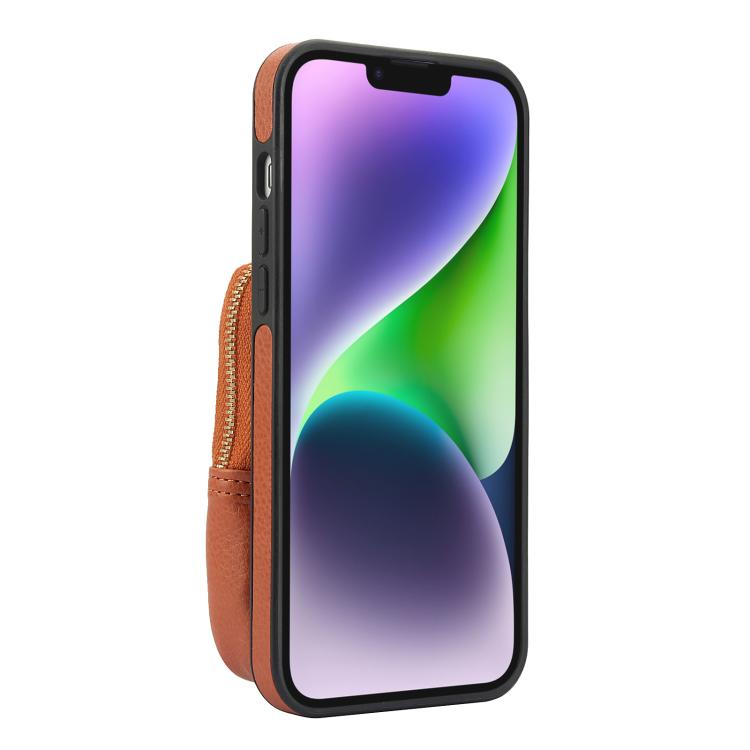 Funda para Teléfono Awquer iPhone 15 Plus Piel de Lichi Cremallera Cartera Cruzada (Marrón)