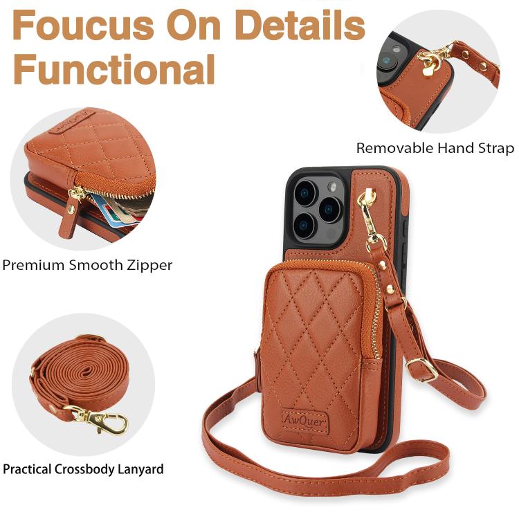 Funda para Teléfono Awquer iPhone 15 Plus Piel de Lichi Cremallera Cartera Cruzada (Marrón)