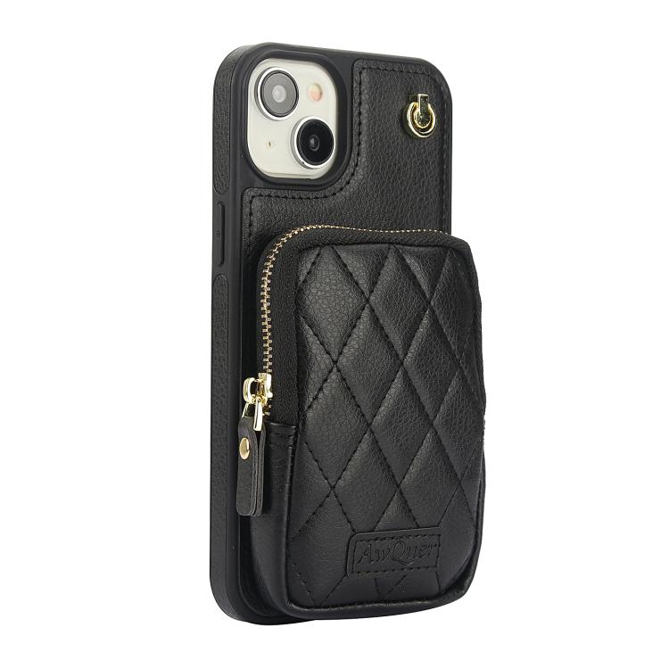 Cartera Cruzada Awquer para iPhone 14/13 con Cremallera Funda de Piel de Lichi (Negra)