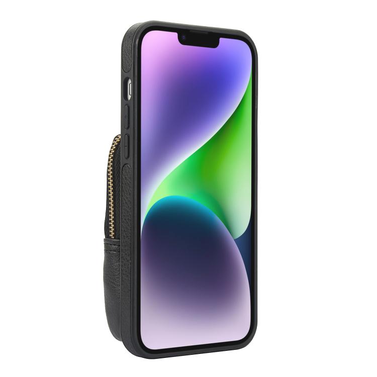 Cartera Cruzada Awquer para iPhone 14/13 con Cremallera Funda de Piel de Lichi (Negra)