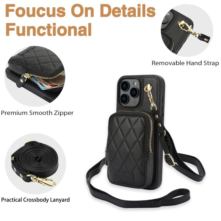 Cartera Cruzada Awquer para iPhone 14/13 con Cremallera Funda de Piel de Lichi (Negra)