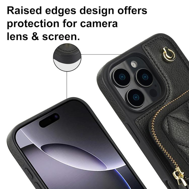 Cartera Cruzada Awquer para iPhone 14/13 con Cremallera Funda de Piel de Lichi (Negra)
