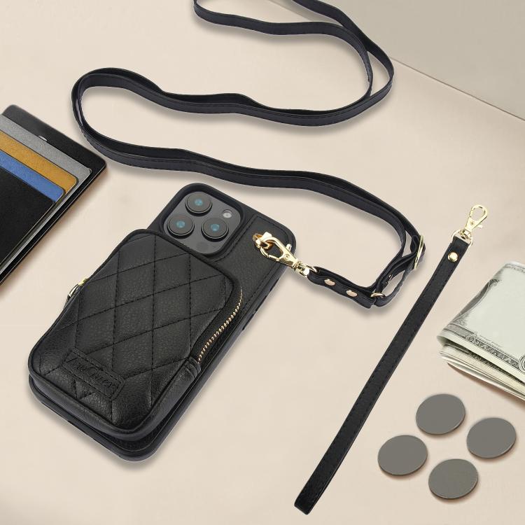 Cartera Cruzada Awquer para iPhone 14/13 con Cremallera Funda de Piel de Lichi (Negra)